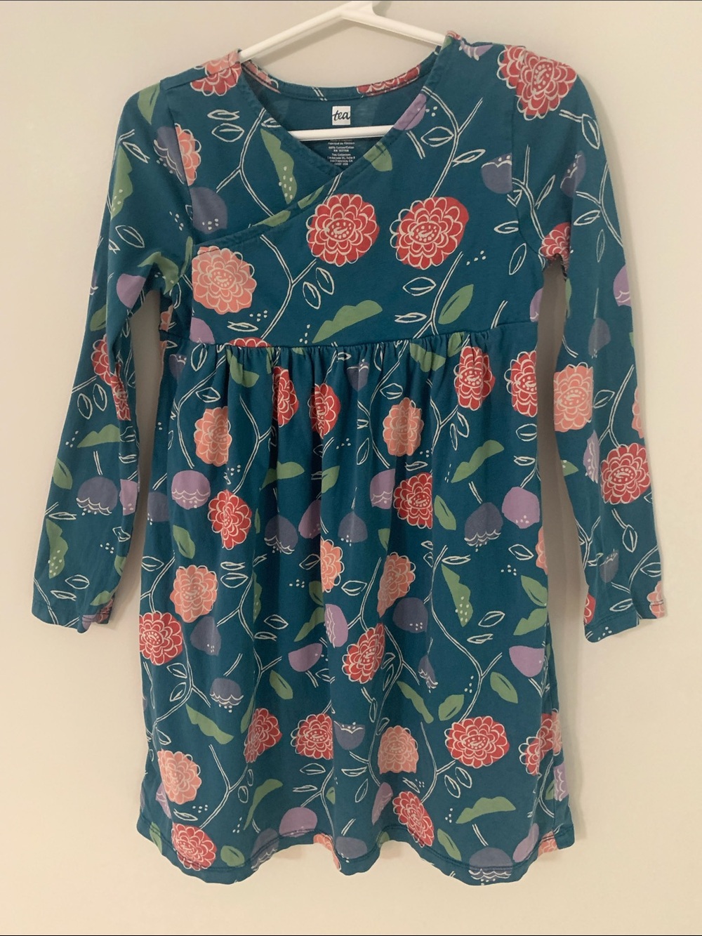 Tea Collection Long Sleeve Floral Empire Waist Cotton Dress Teal Pink Size 7